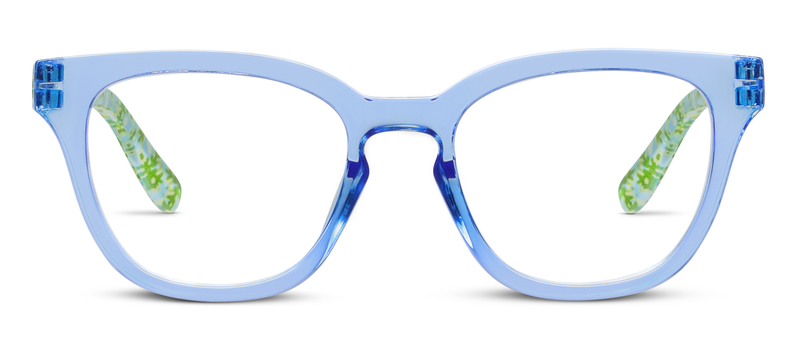 Light blue eyeglasses with green patterned inner arms and clear lenses