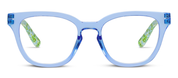 Light blue eyeglasses with green patterned inner arms and clear lenses