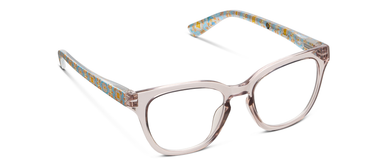 Light gray eyeglasses with clear lenses and patterned temple arms