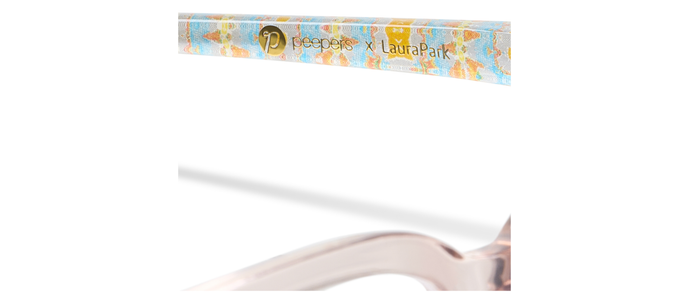 Eyeglasses with patterned temple arms and light gray frames