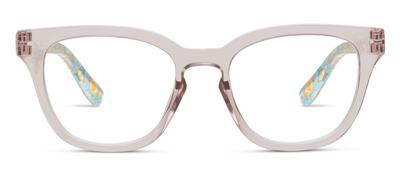 Light gray eyeglasses front with clear lenses and patterned temple tips