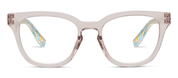 Light gray eyeglasses front with clear lenses and patterned temple tips