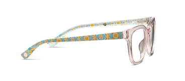 Light gray eyeglasses side view with patterned temple arm detail