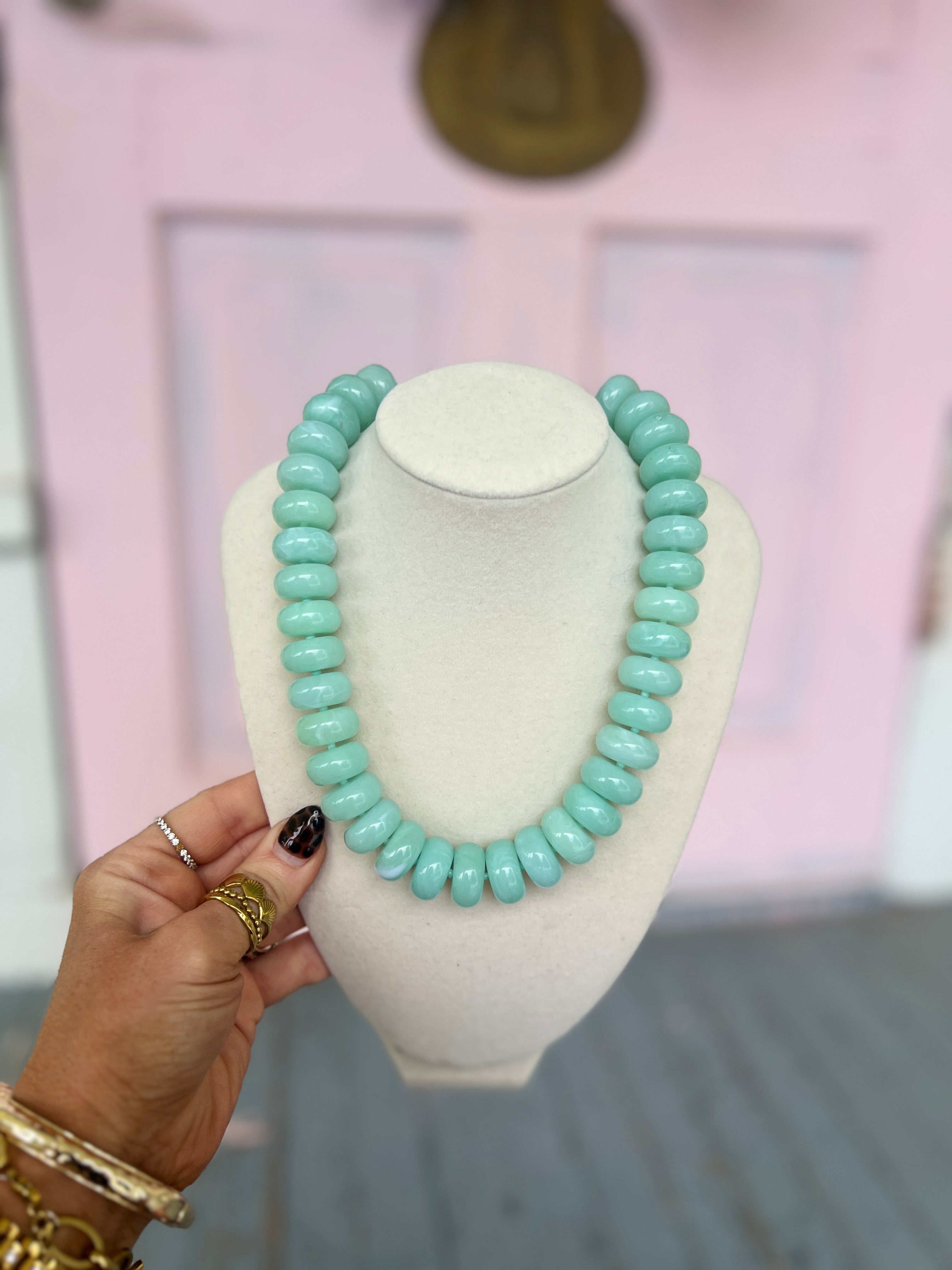 Chunky Marble Bead Necklace-Mint