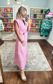 Let's Meet Later Striped Midi Dress - Pink
