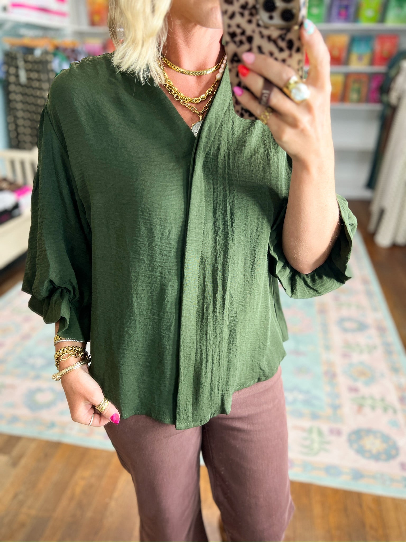 Visions of You  Balloon Sleeve Blouse - Olive