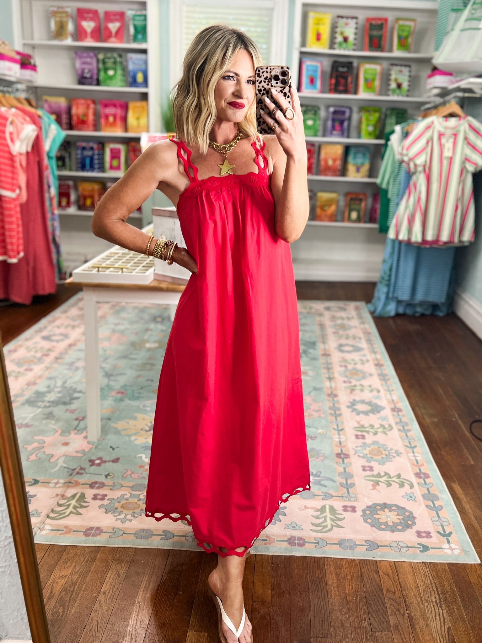 Careful Details Scolloped Strap Midi Dress - Red