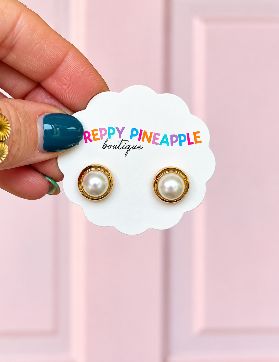 Gold-tone bezel pearl stud earrings with white pearls