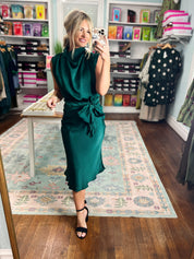 Teal sleeveless midi dress with draped cowl neck and front waist tie.