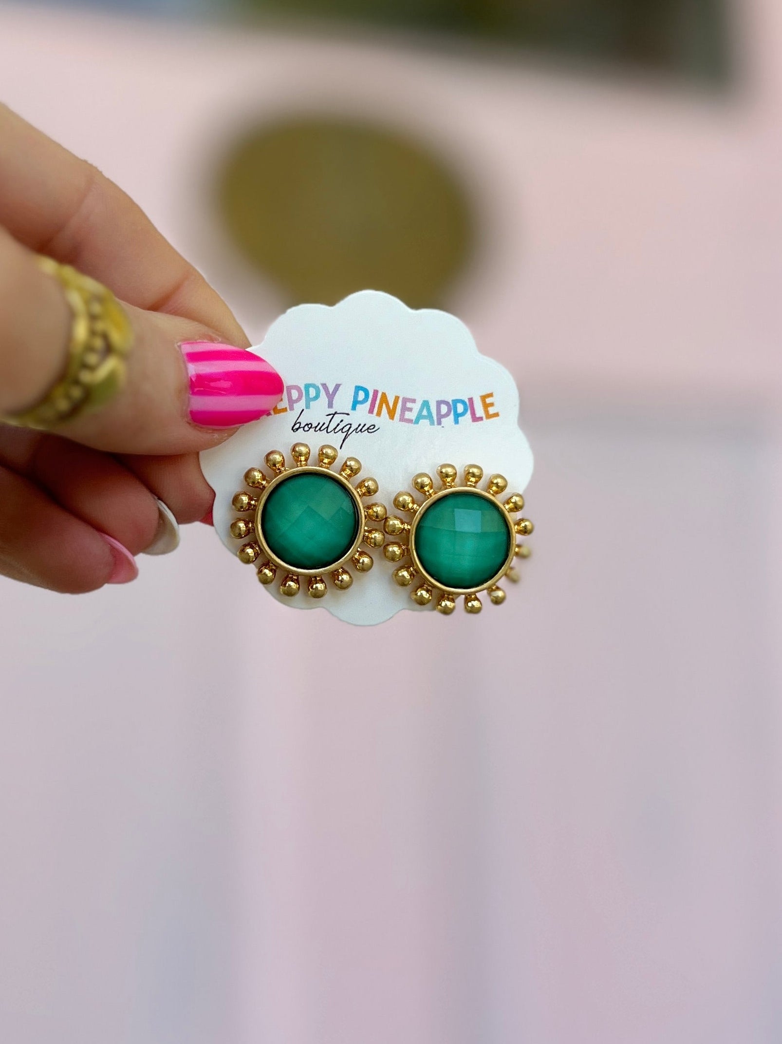 Dotted and Faceted Round Stone Earrings - Light Green/Gold