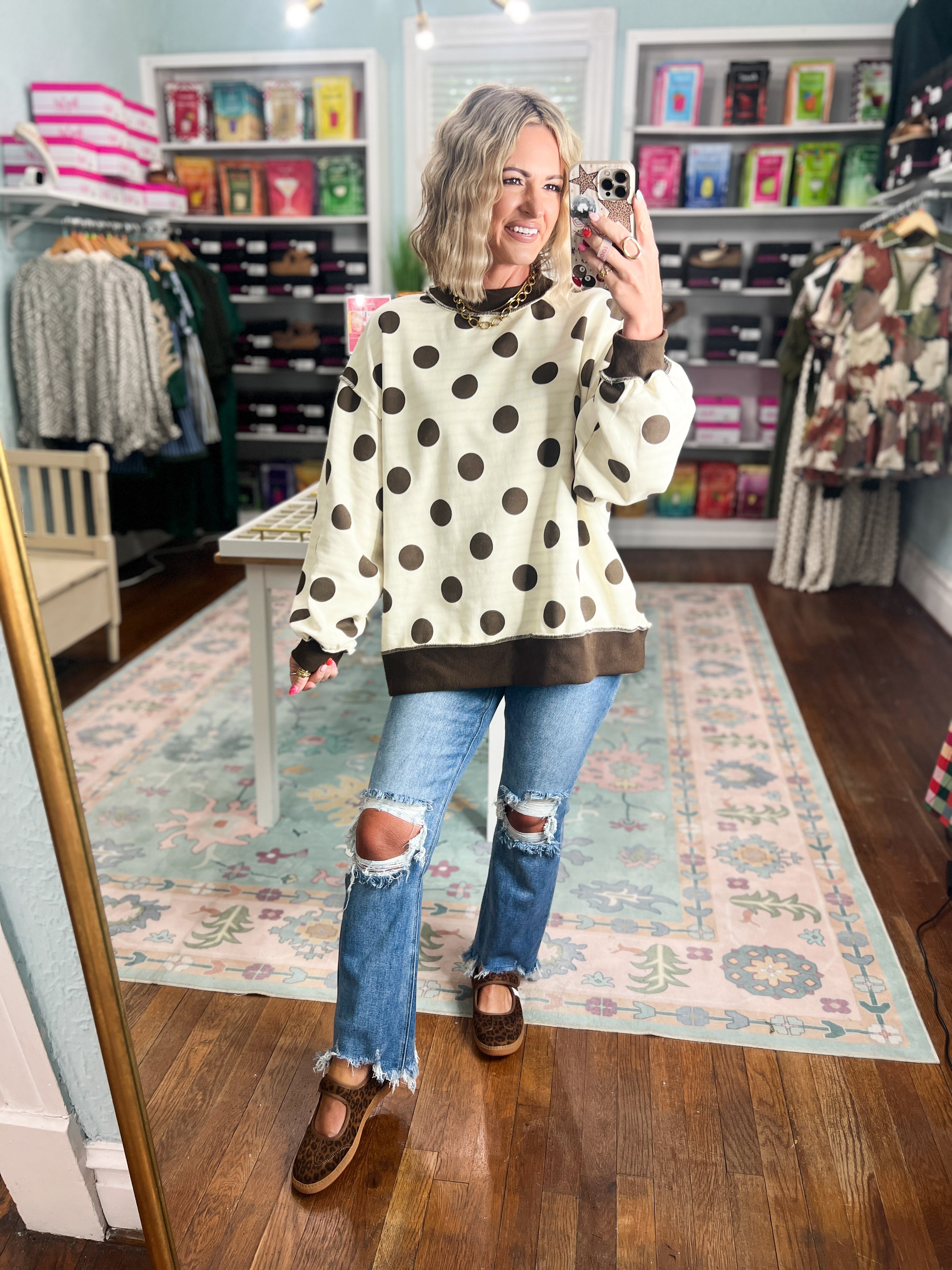 Reversible mock neck sweatshirt, ivory with black polka dots and roomy pullover shape