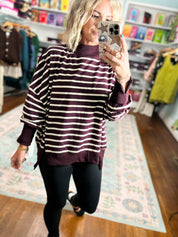 One of Those Days Striped Mock Neck Sweatshirt - Raspberry/Ecru