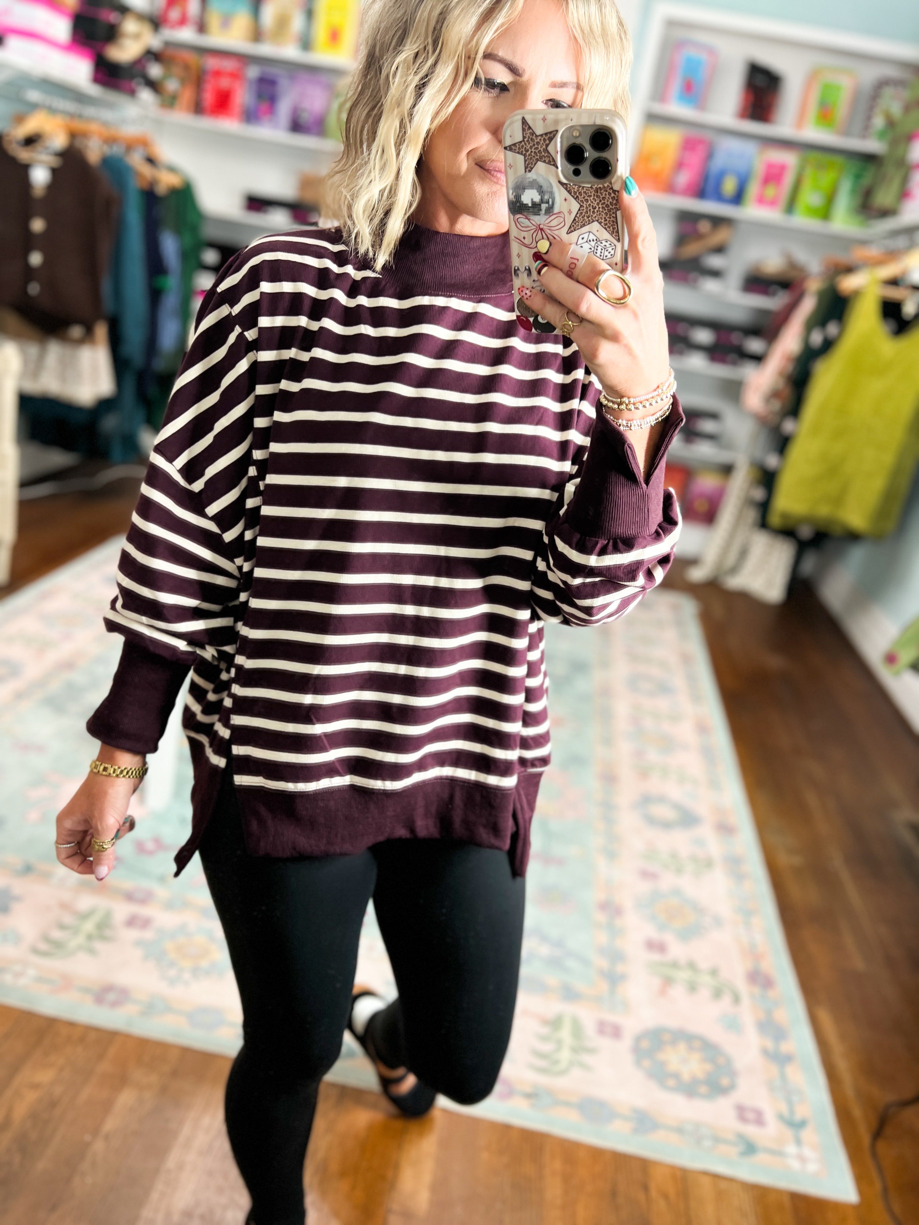 One of Those Days Striped Mock Neck Sweatshirt - Raspberry/Ecru