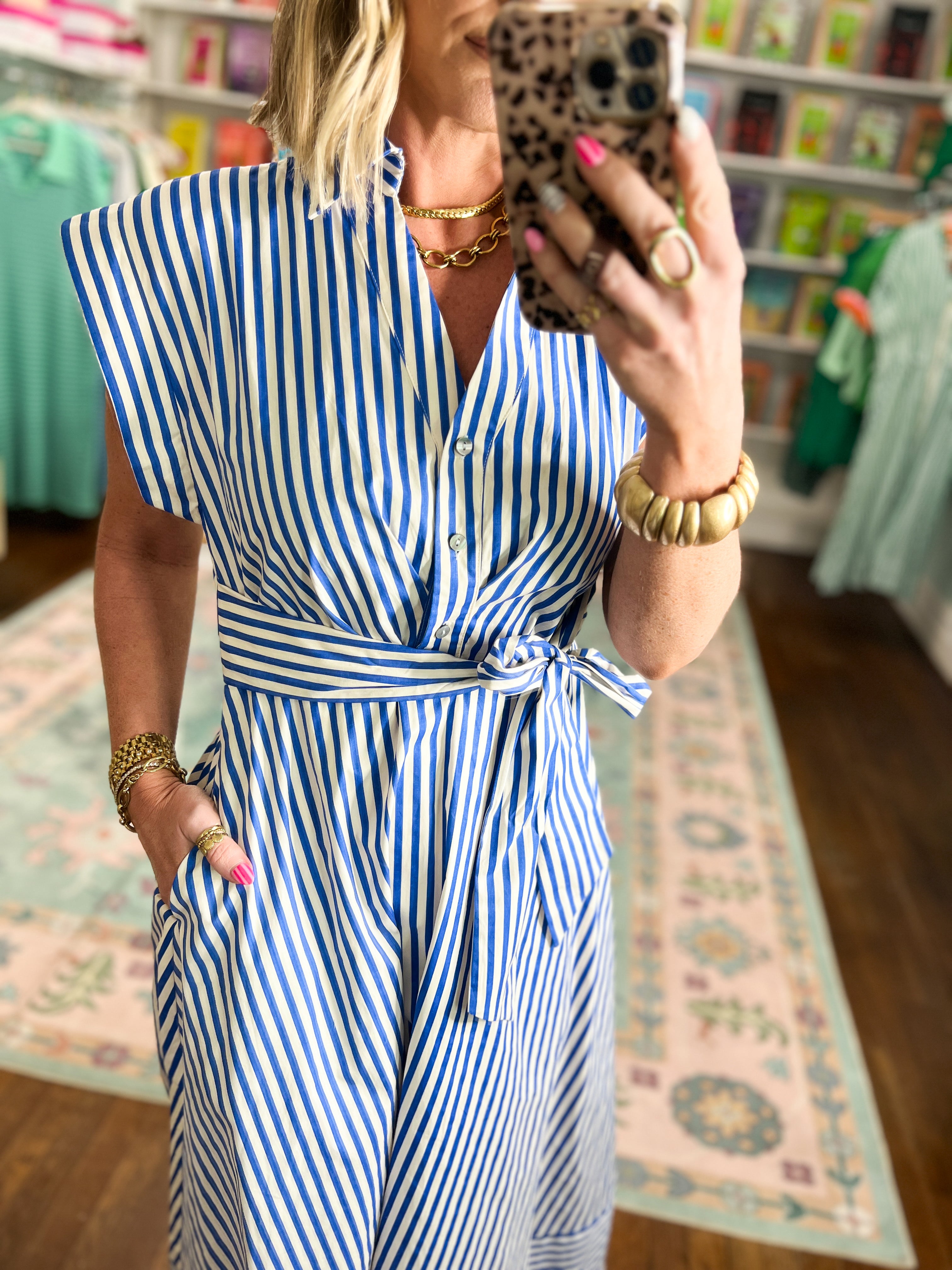 Let's Meet Later Striped Midi Dress - Blue