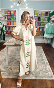 Bloom Bright Striped Midi Dress - Oatmeal