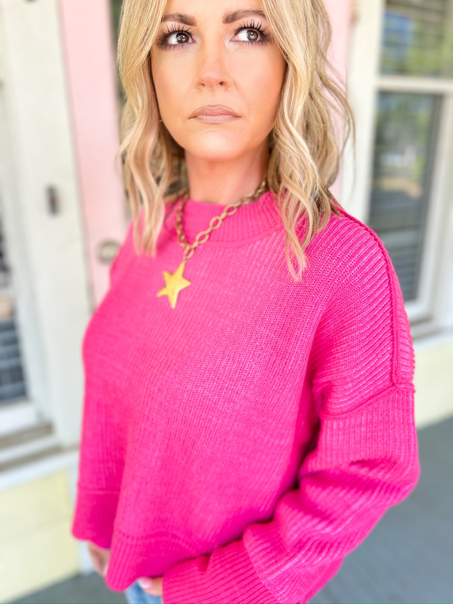 Fall Frenzy Two Tone Sweater - Hot Pink/Candy Pink