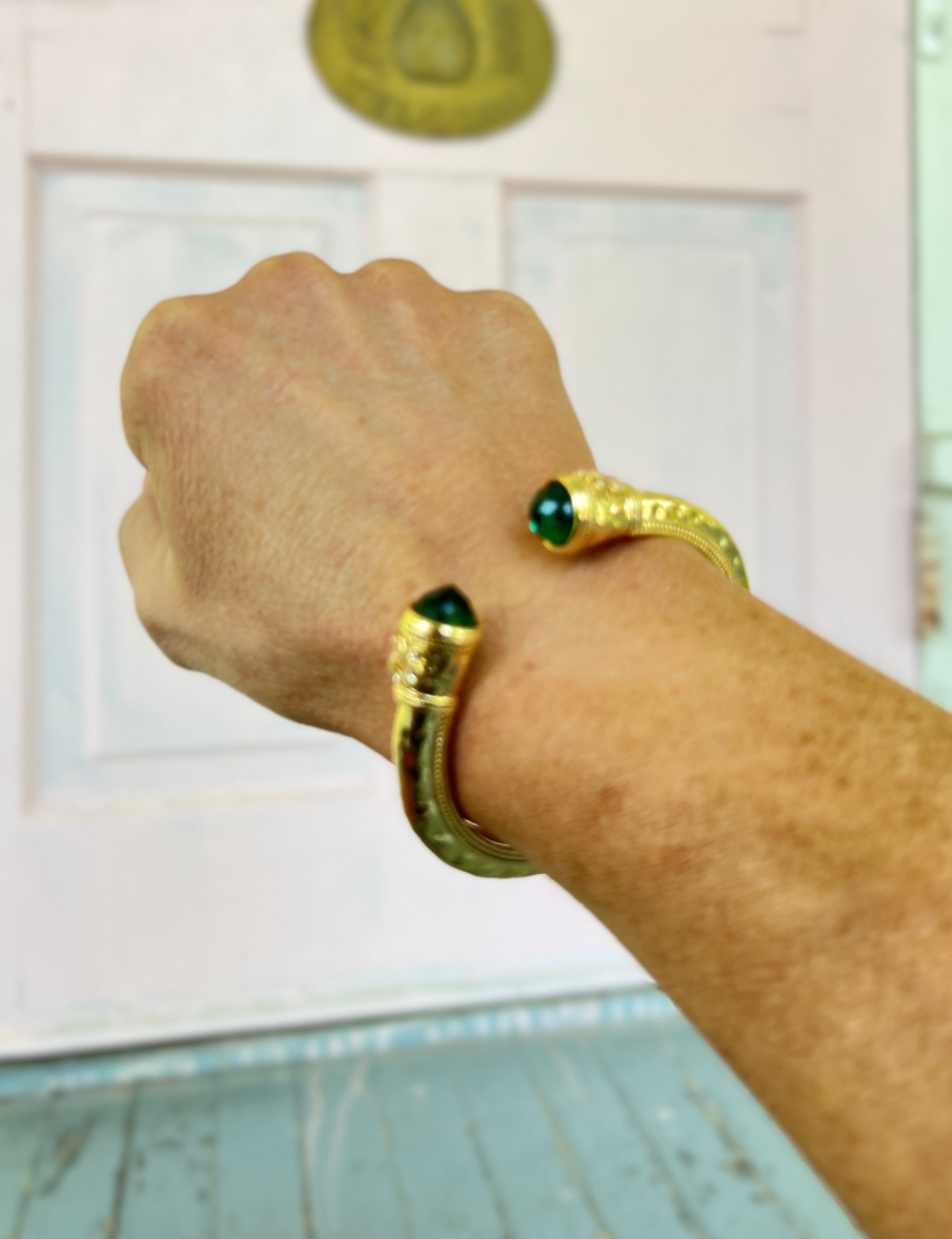 Jewel End Antique Cuff Bracelet- Lt. Emerald