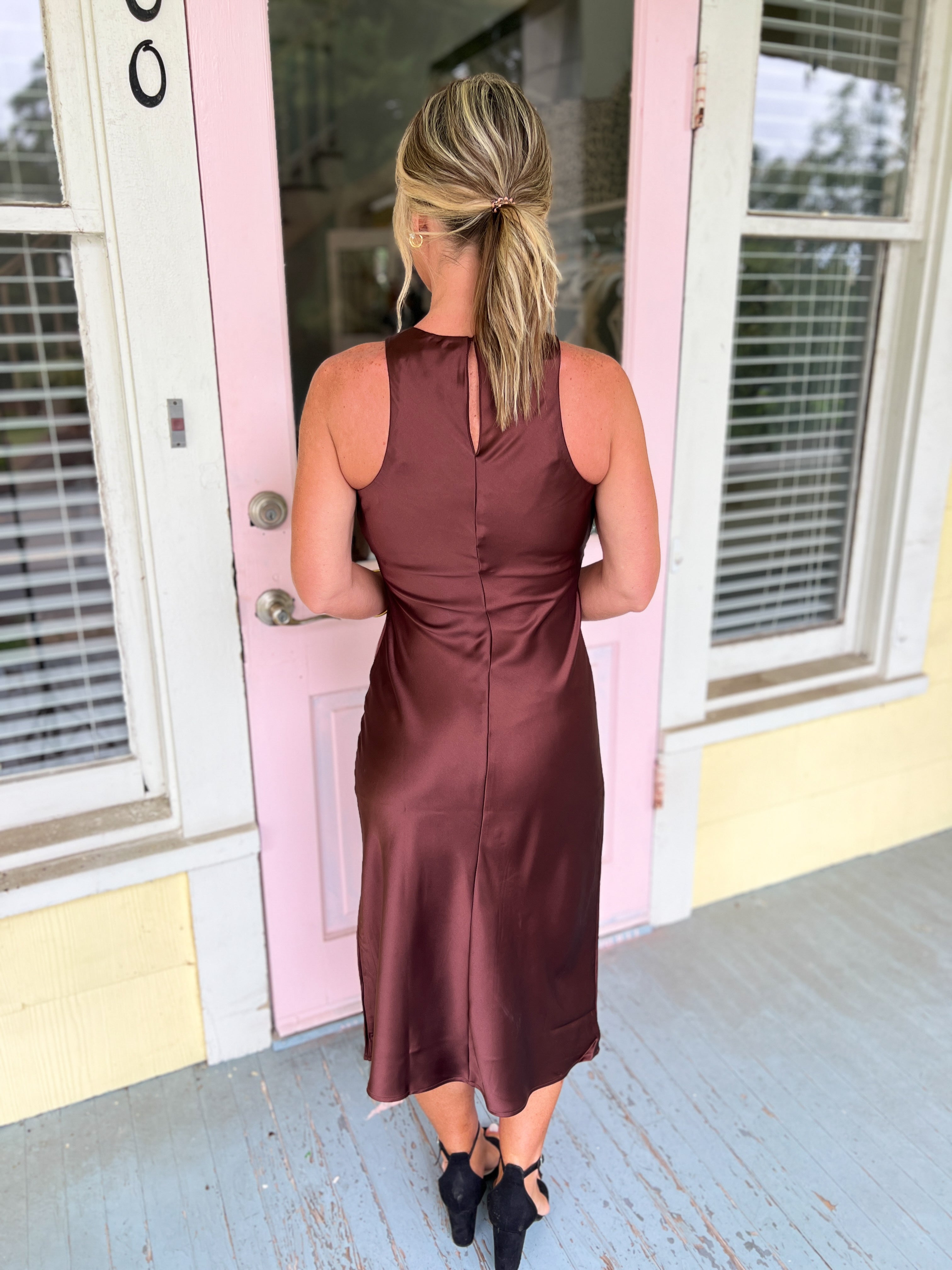 Glamorous Moments Satin Midi Dress - Chestnut