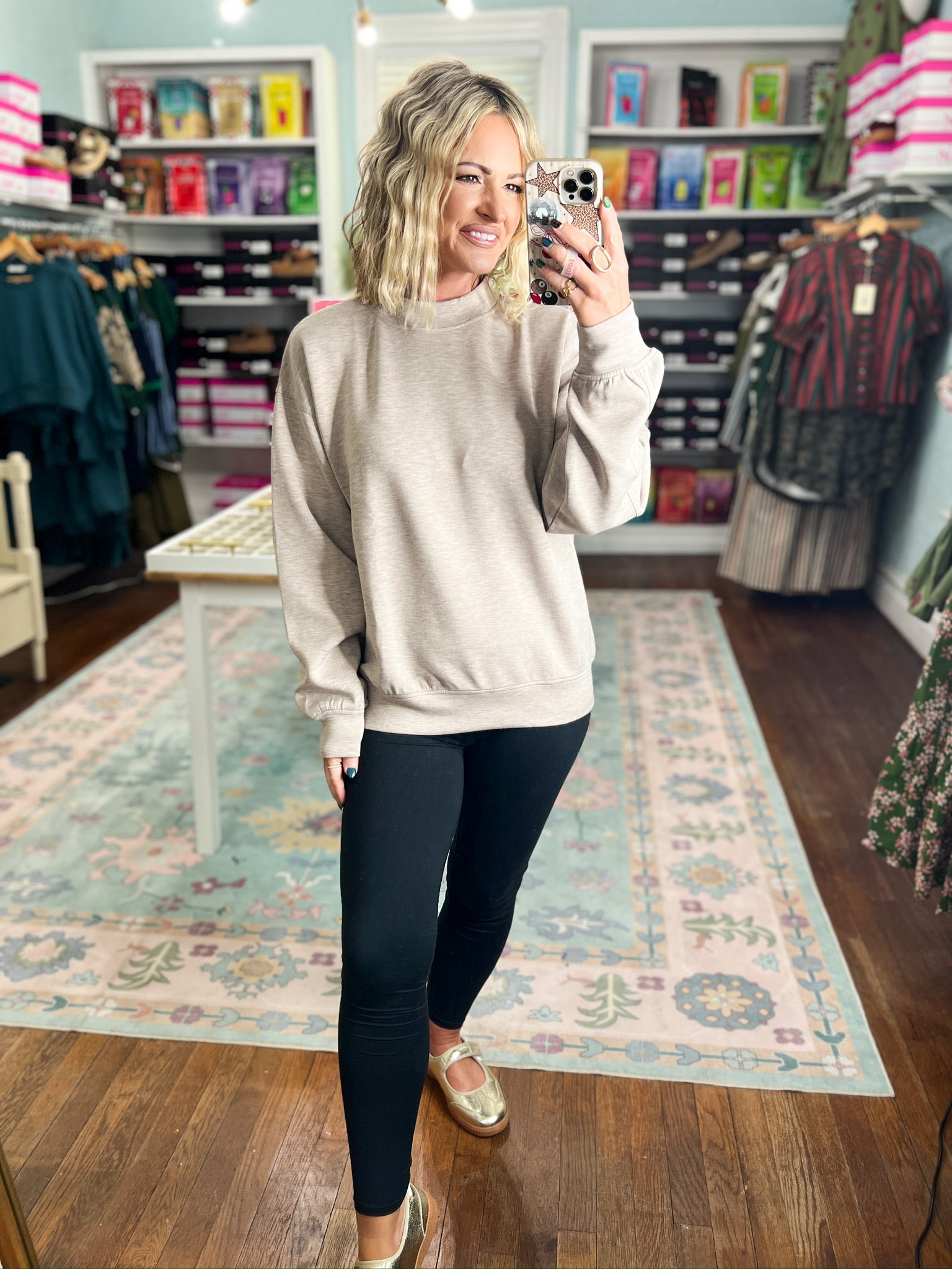 Taupe mock neck modal pullover sweater, full-body view with long sleeves