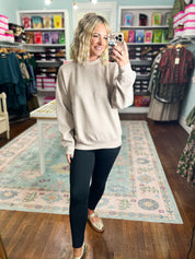 Taupe mock neck modal pullover sweater, full-body view with long sleeves