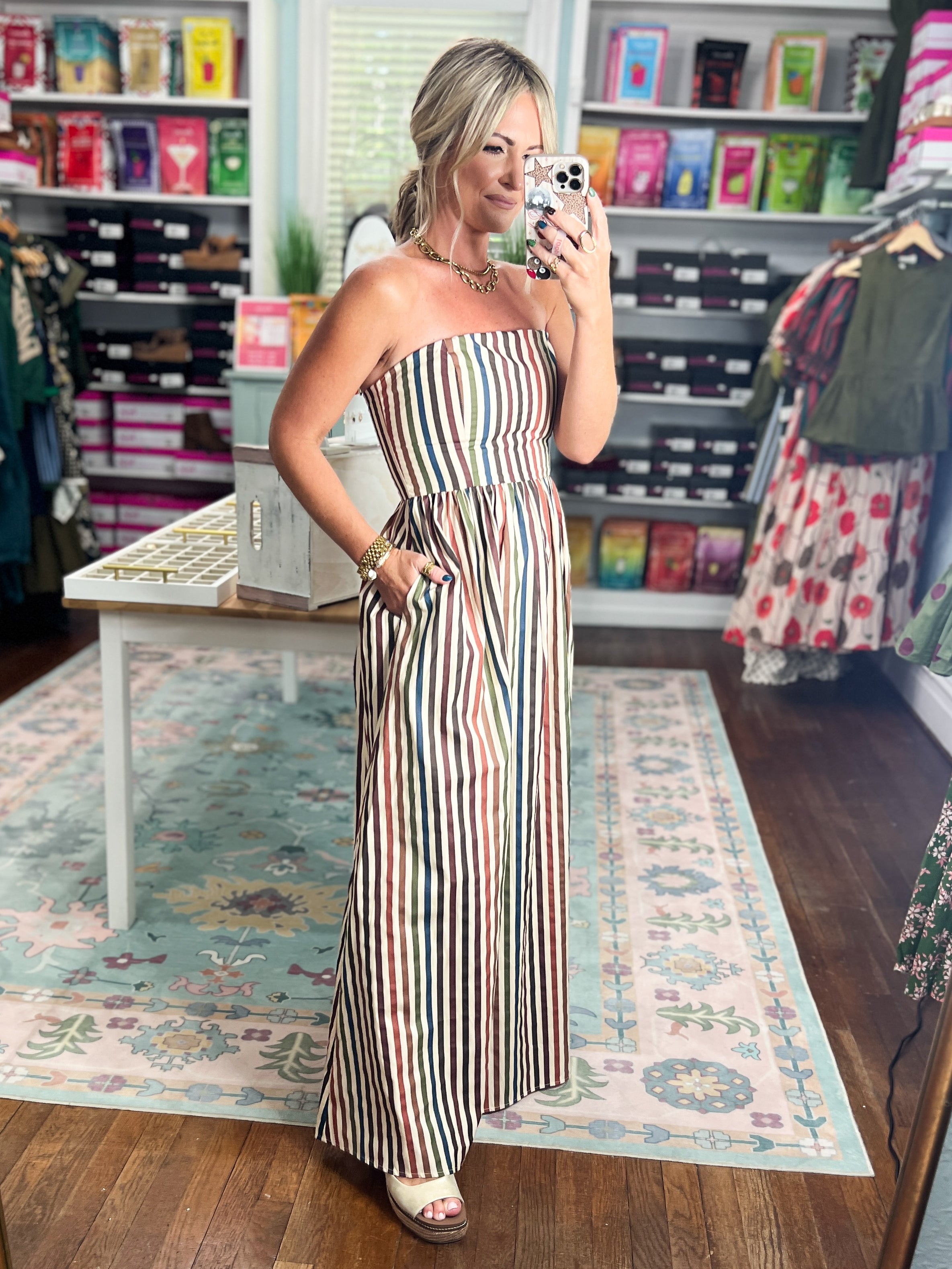 Striped and Stunning Strapless Maxi Dress- Multi