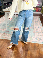 Risen|High Rise Crop Wide Distressed Jeans - Medium Wash