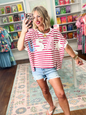 Freedom and Pearls Stripe Top - Red/Ivory