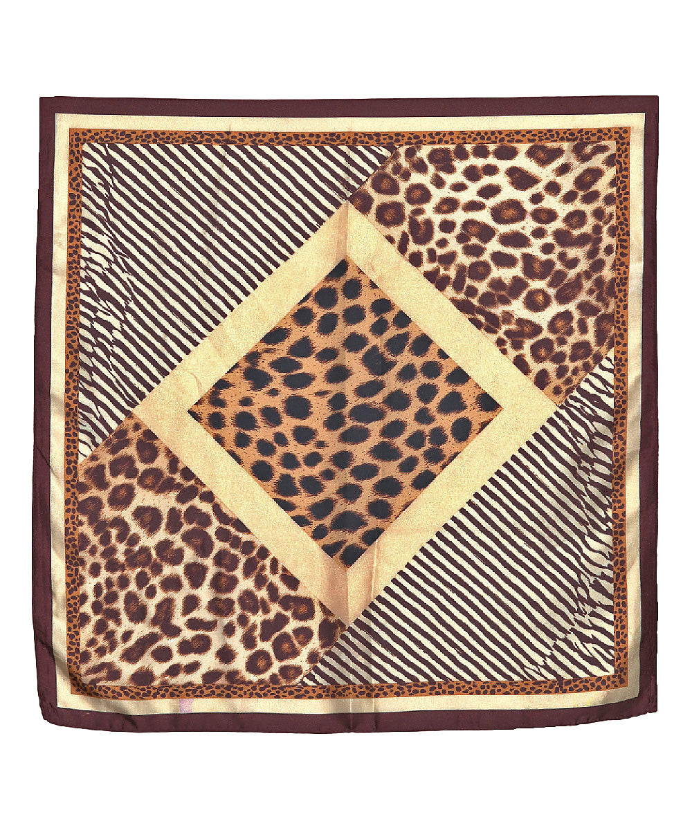 Brown animal print bandana scarf with leopard spots and striped pattern, bordered