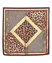 Brown animal print bandana scarf with leopard spots and striped pattern, bordered