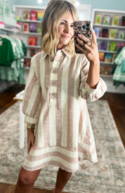 Slice of Happiness Striped Shirt Dress - Oatmeal/Taupe