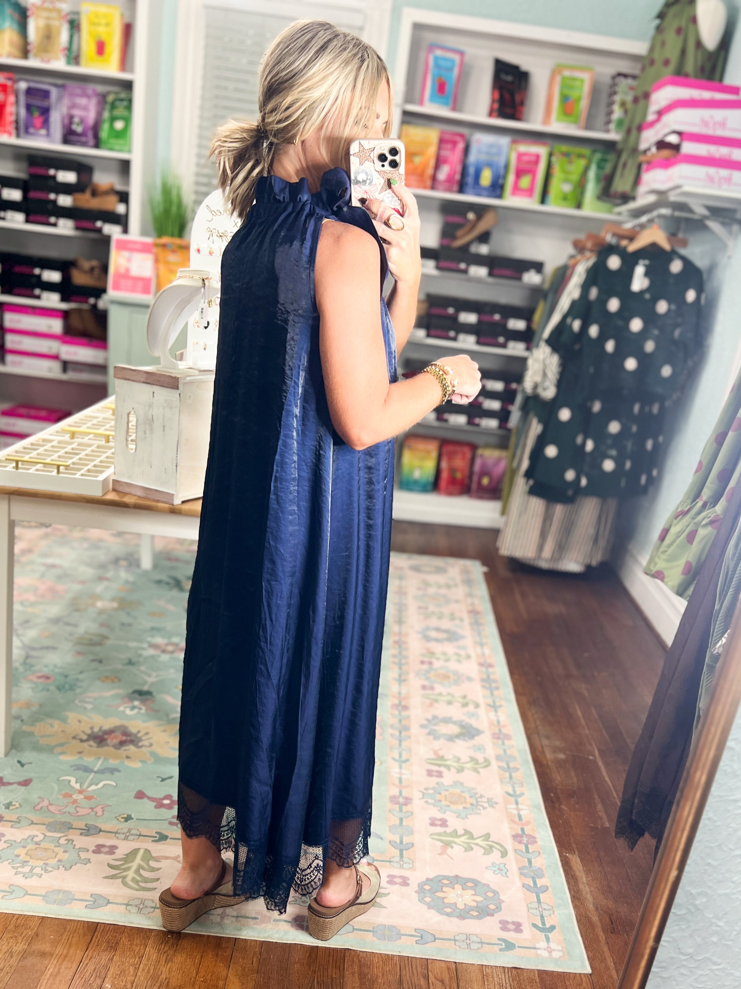 Beautiful Balance Lace Trim Midi Dress - Navy