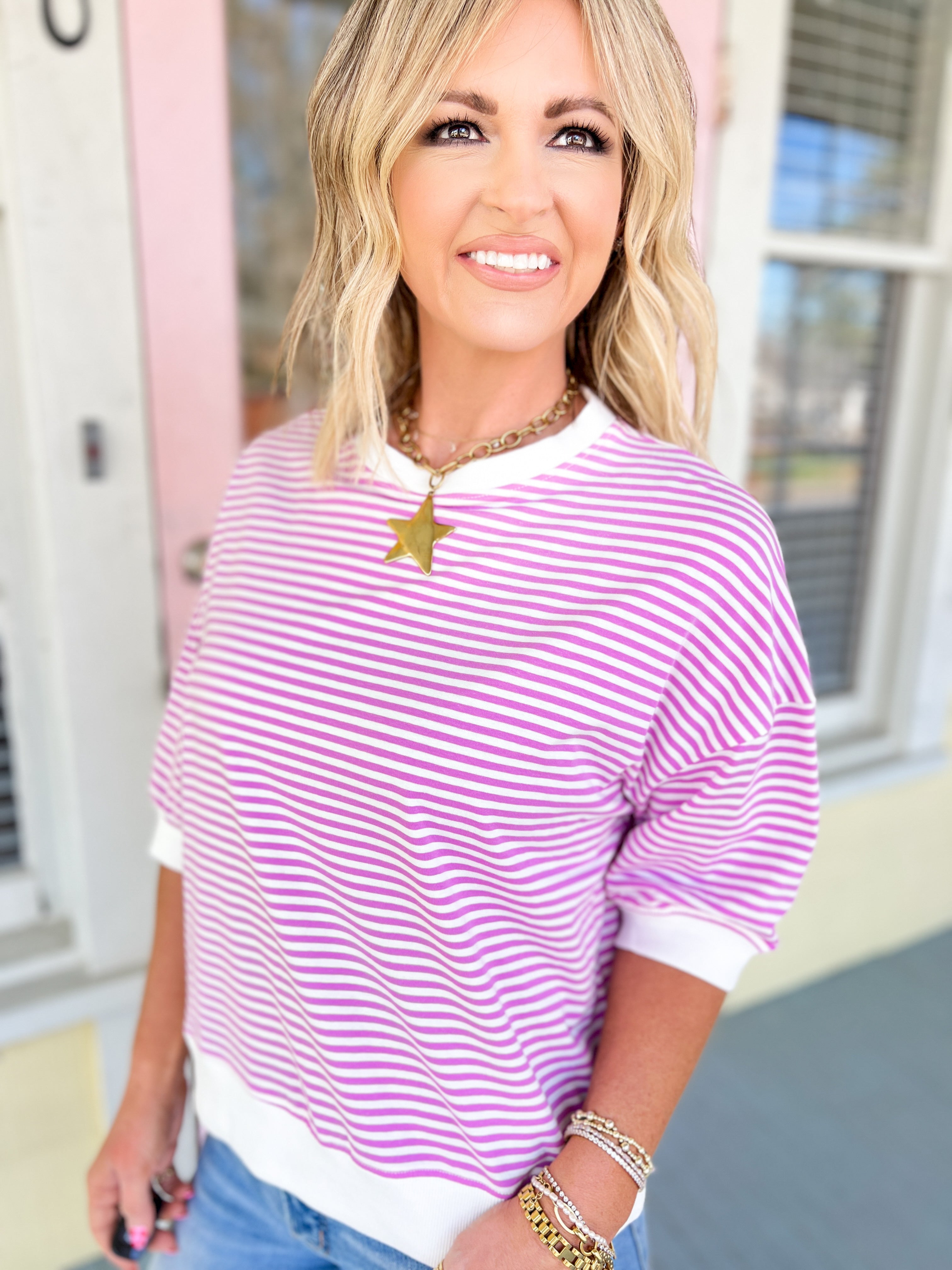 Who I Am Supposed To Be Striped Top - Bright Mauve