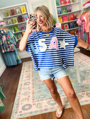 Freedom and Pearls Stripe Top - Blue/Ivory