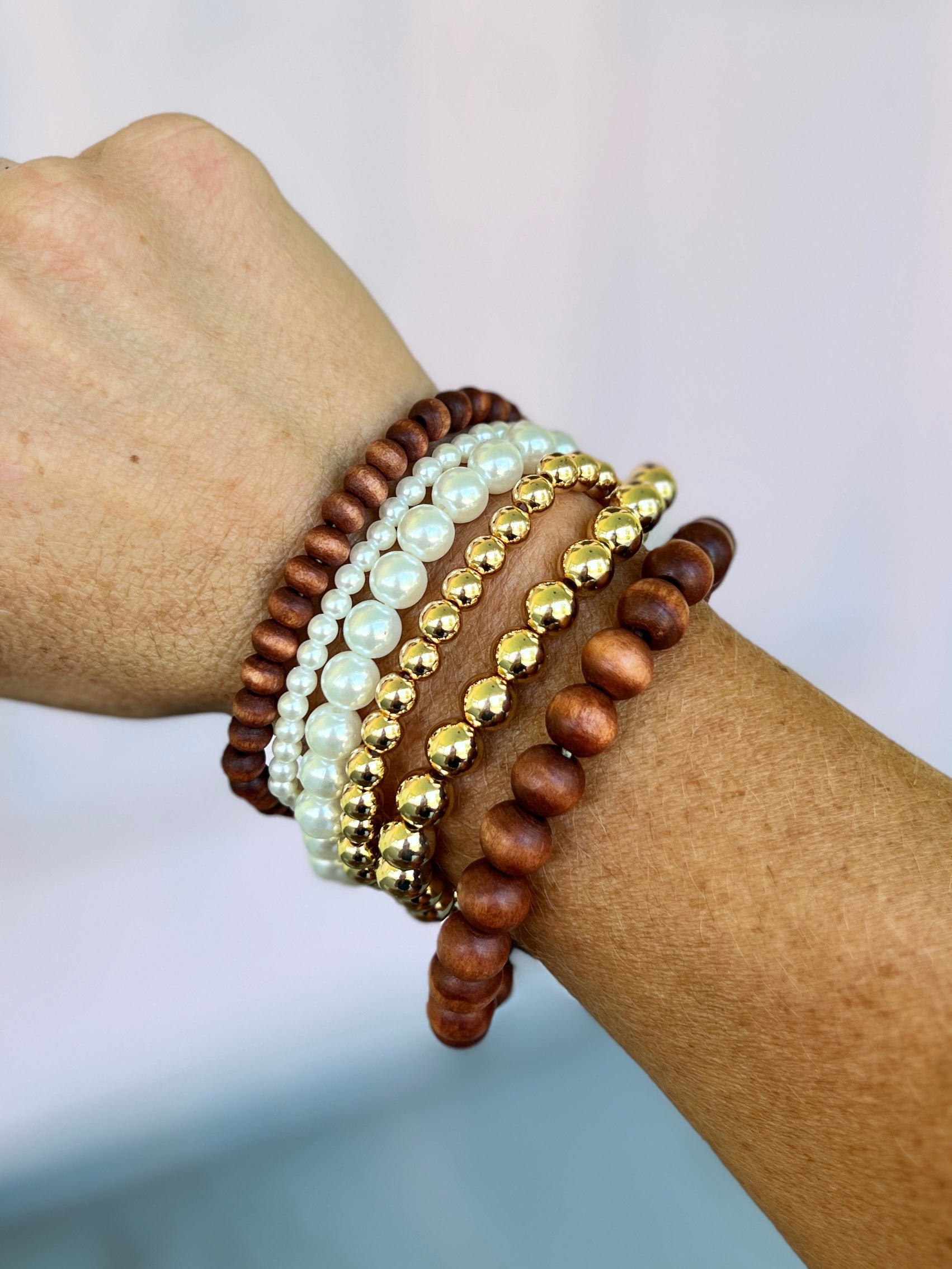 Wood and Pearl Ball Bracelet Set