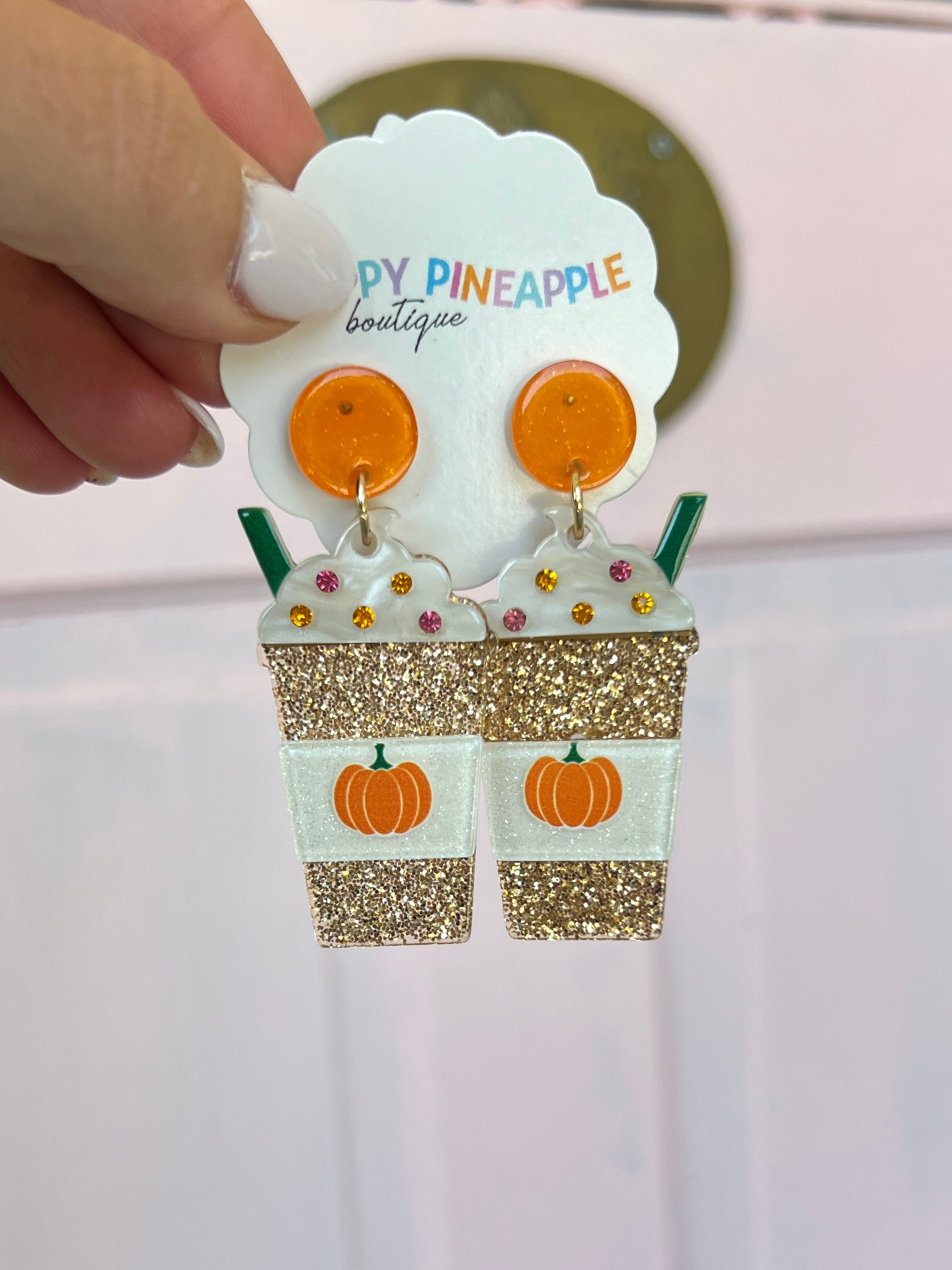 Resin Pumpkin Latte Earrings - Gold/Orange