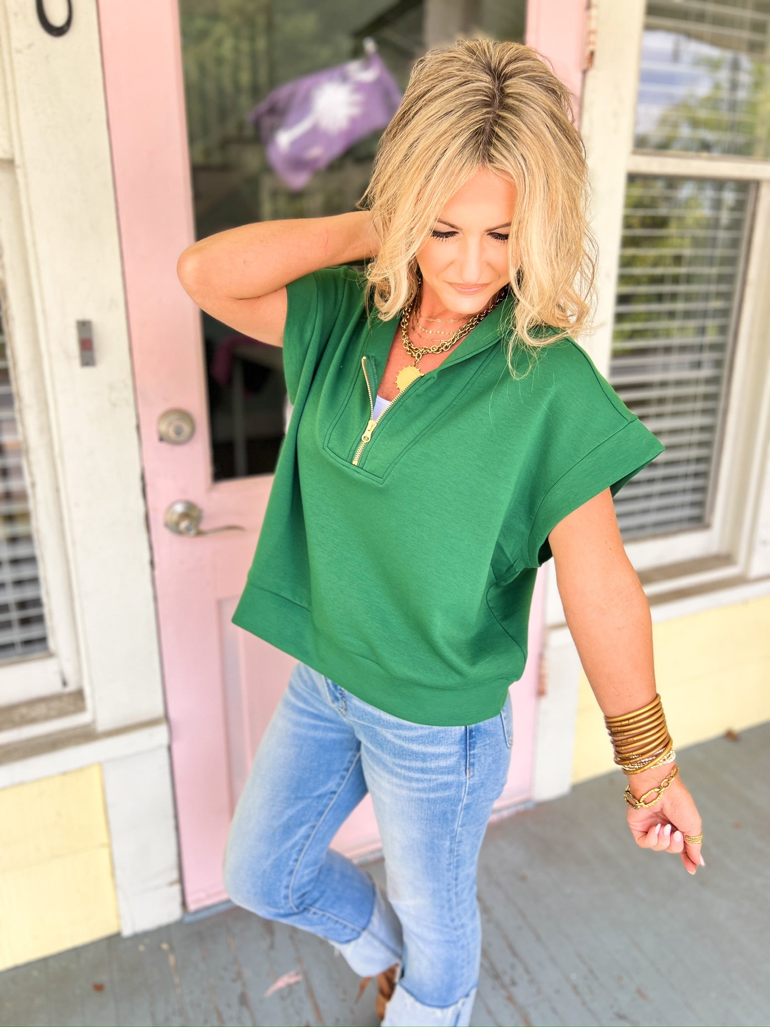 Send a Message Half Zip Top - Dk Green