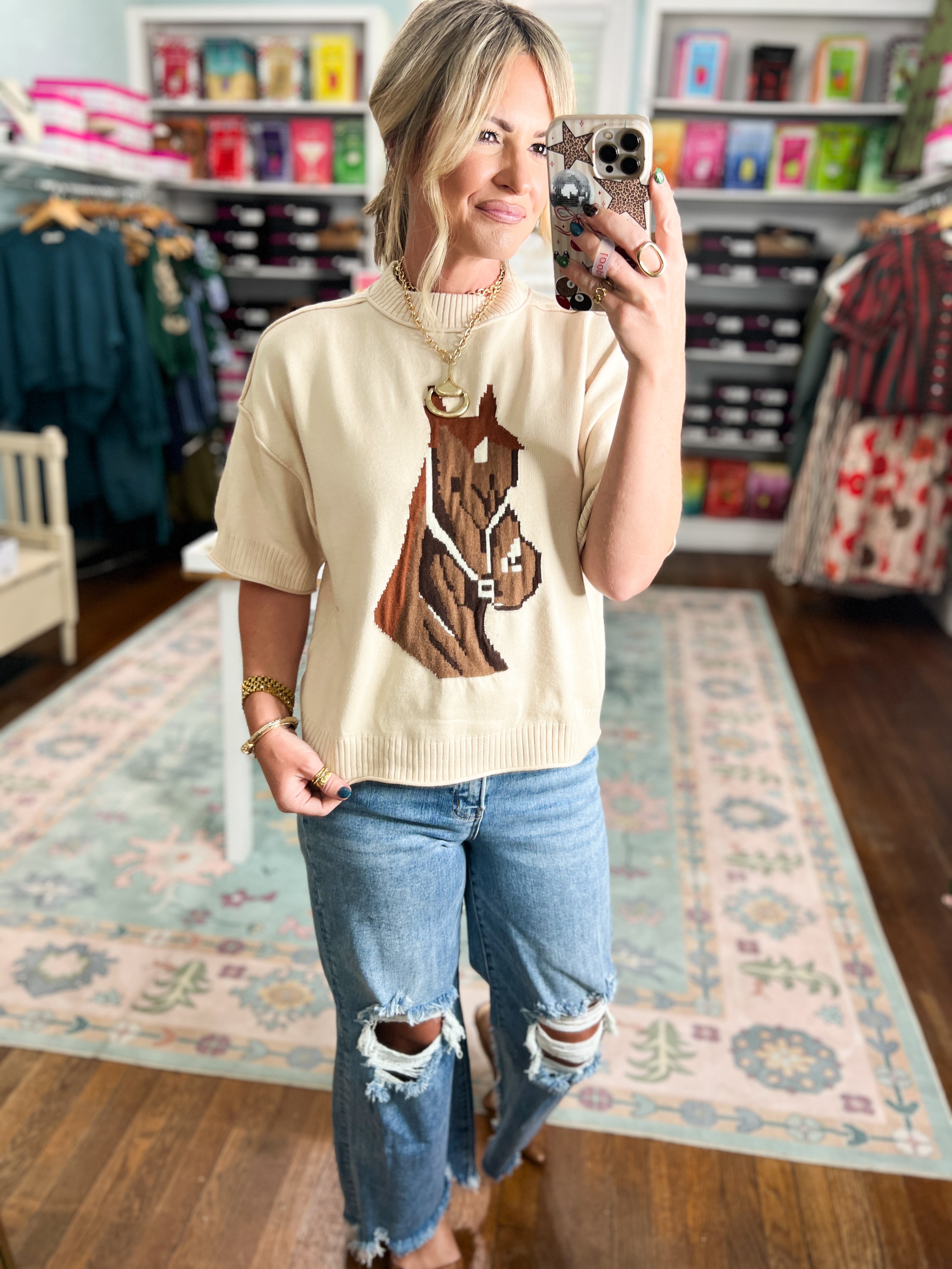 Mane Attraction Horse Sweater Top - Beige