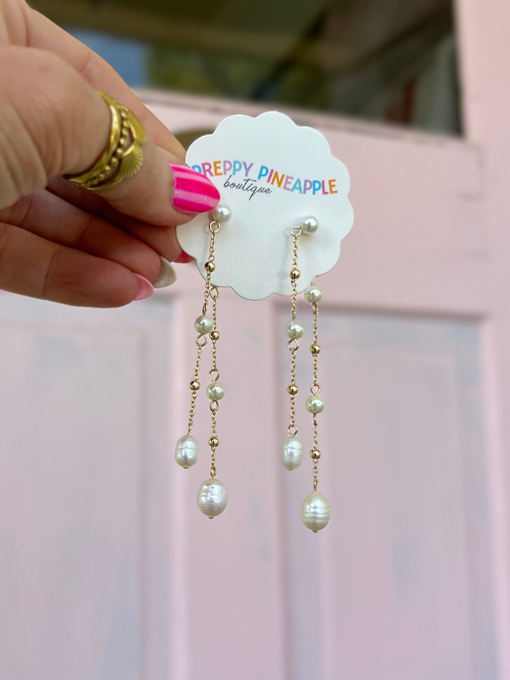 Pearl linear drop earrings with gold-tone beads and dangling white pearls