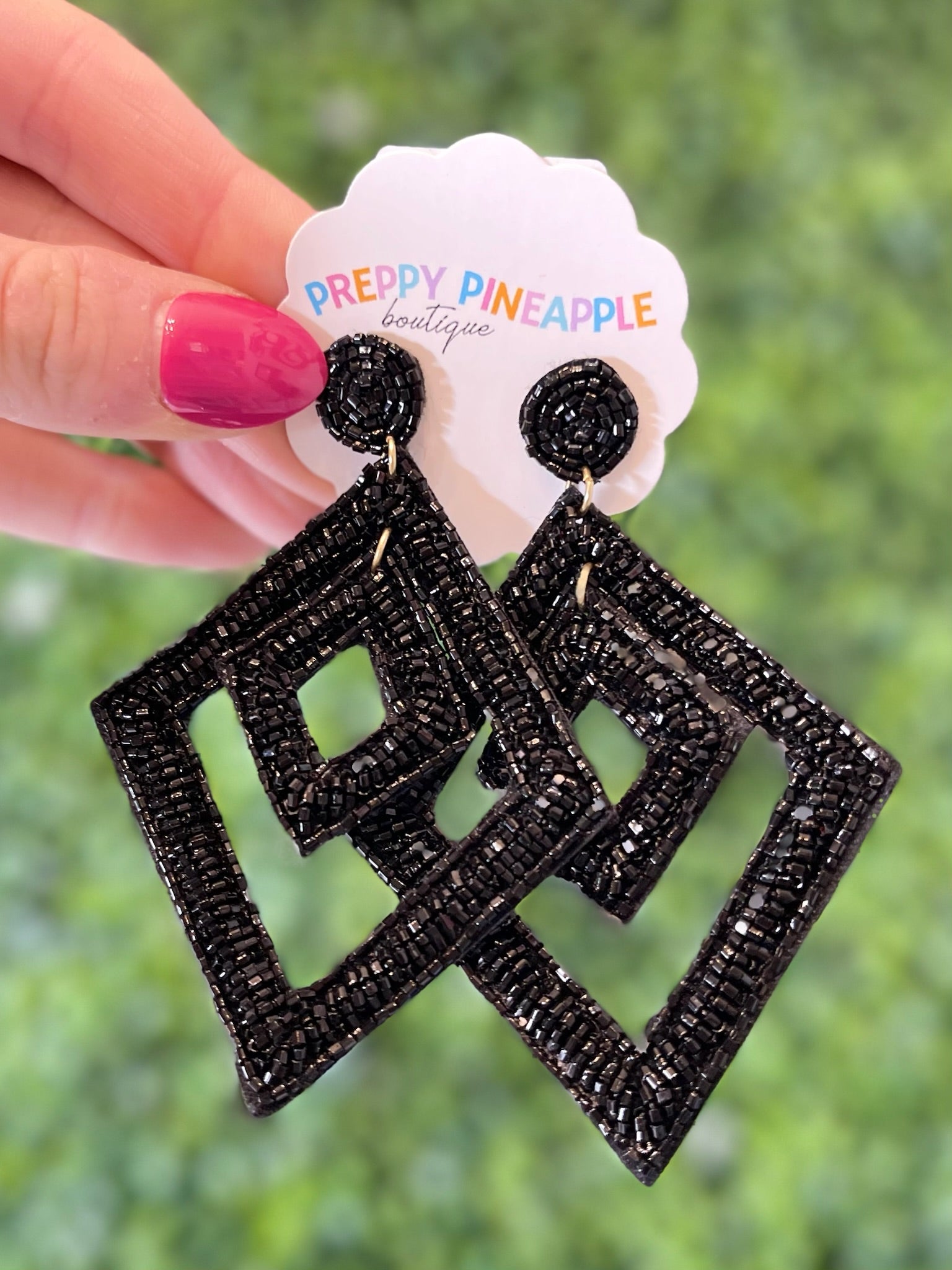 Double Rhombus Bead Dangle Earrings - Black