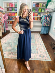Let's See Mixed Media Midi Dress - Navy