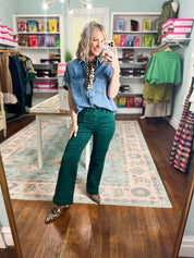 Hunter green high-rise wide-leg crop pants with front seam detail