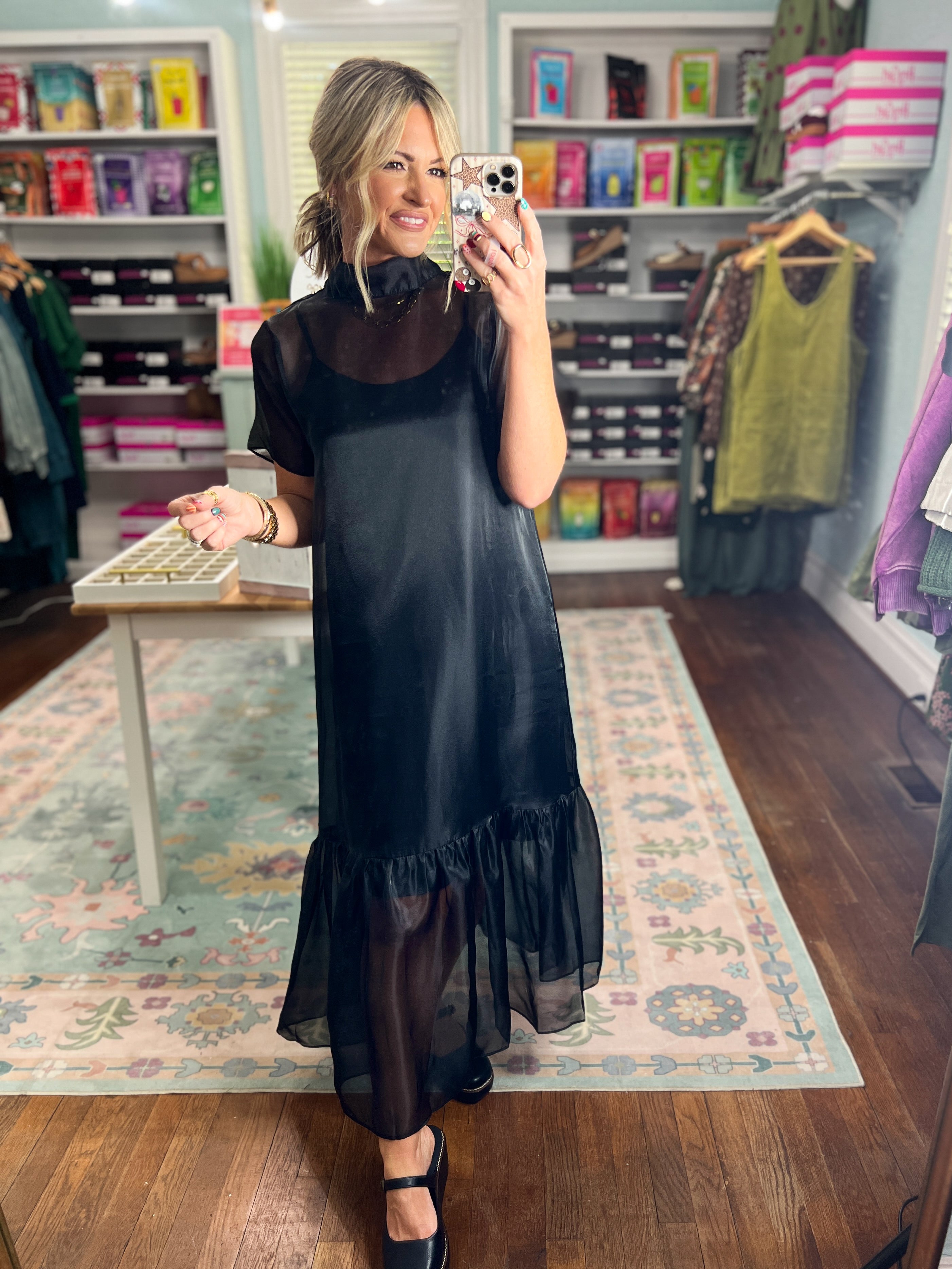 Black chiffon midi dress, scoop neckline, short sleeves, ruffled hem