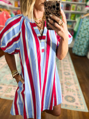 All Lined Up Mini Dress - Blue Red