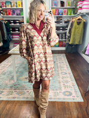 Unmistakably You Geo Floral Shift Dress - Burgundy