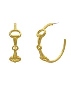 Gold horsebit link hoop earrings with small dangling bar detail