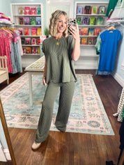 All Day Ease Ribbed Top and Pants Set - Olive