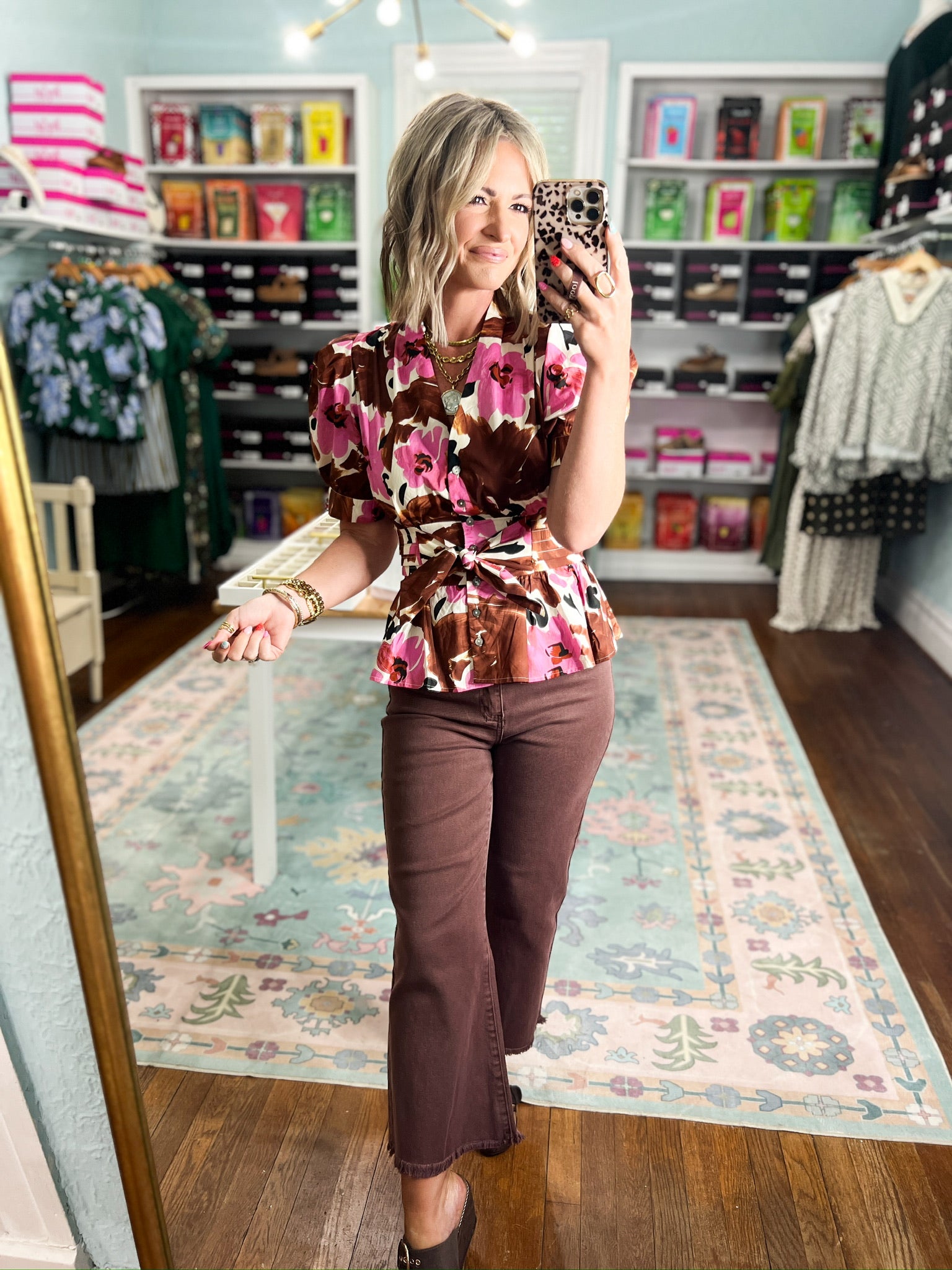 Floral print peplum top with short sleeves, gathered waist bow, brown pink and white