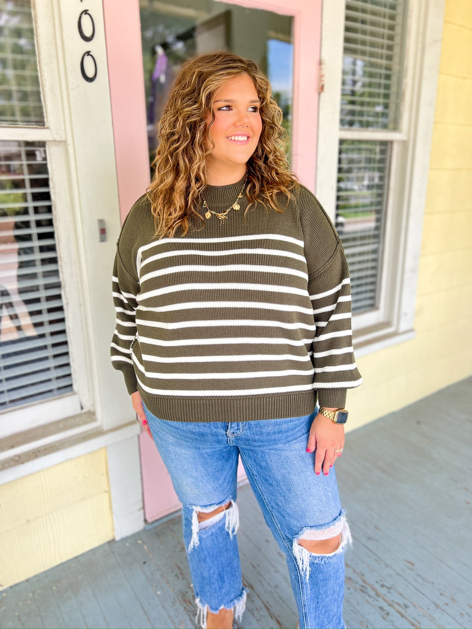 Sucker For You Striped Sweater - Dk. Olive