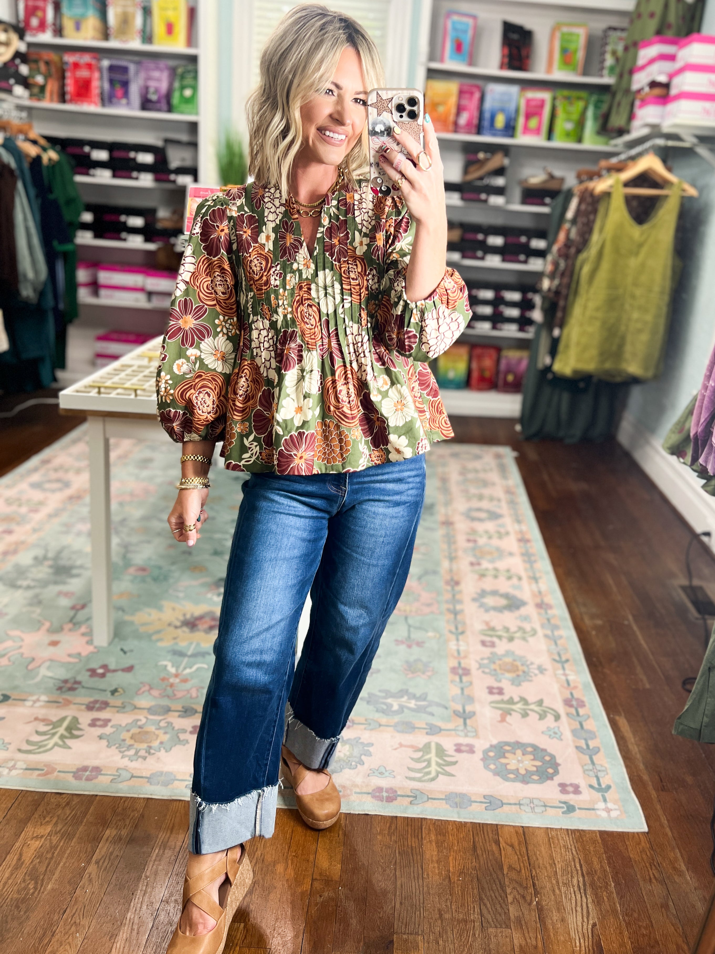 Autumn Garden Floral Top - Olive