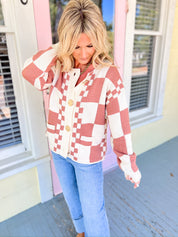 Checking It all Out Sweater Cardigan - Cream/Mauve